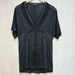 Michael Simon Vintage Black Gold Lurex Blouse, Whimsigoth 90s/Y2K Glam Holiday